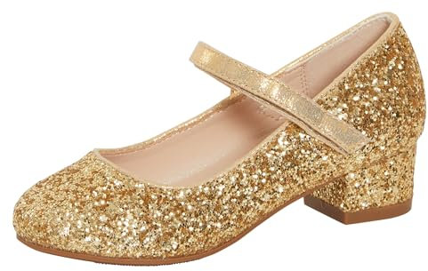 Girls Faux Leather Low Block Heel Gold Glitter 10 UK Child