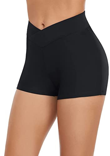pvucpot Short de Bain Femme Noir - Shorty Sport Taille Haute - Bas de Maillot Ventre Plat - Couleur Unie - Bikini de Plage Été