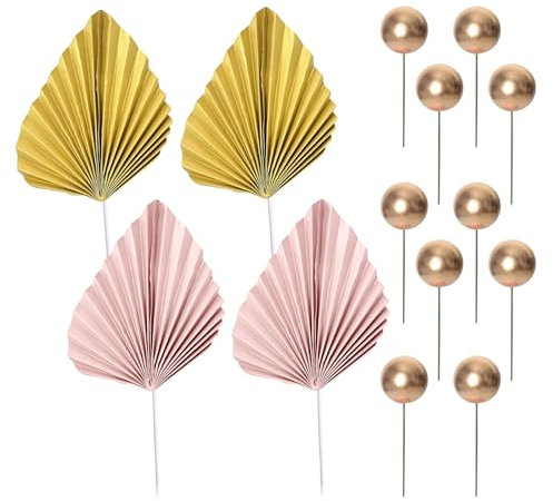 Lot de 4 décorations de gâteau en feuille de palmier - 10 boules de gâteau dorées - Drapeau pliable en feuille de palmier - Insert de décoration de gâteau DIY pour anniversaire, fête de mariage