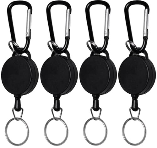 Aczyqws 4-pack indragbara märkesrullar, indragbara vanliga nyckelverktyg utdragbar nyckelring slitstark nyckelband bältesklämma märkeshållare dragrulle utdragbar nyckelring (svart)