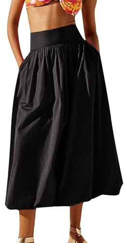 SANSIWU Women's Casual Bubble Maxi Skirt Ankle Length Skirt Elastic Waist Puffball Long Skirt A-Line Balloon Maxi Skirts (A-Black, M)