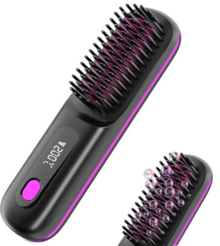 Numoya Go Brush Pro, Cordless Hair Straightener, Heated Comb Brush with Ionic Technology, Black Hair Brush with MCH Ceramic Fast Heating & LED Display for Travel and Frizz-Free Styling