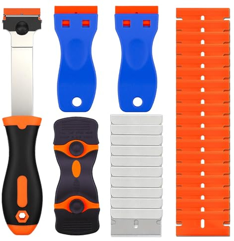 Aoyfuwell skrapset, (120 blad) keramikhällskrapa, extra lång spisskrapa för glaskeramik och ugn, halkfritt handtag – snabbväxlingssystem, perfekt för fett, lim och etiketter (orange)