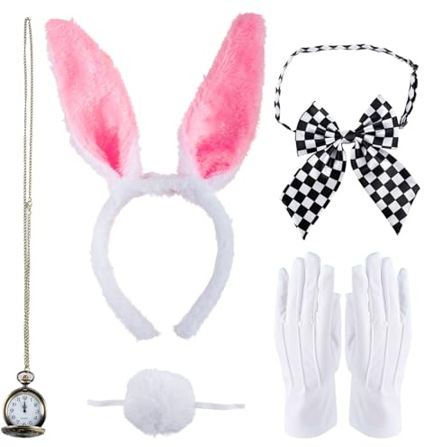 SSKHE 5PCS Costume de lapin rose,Accessoires de costume de lapin avea Oreilles de lapin,Bandeau,nœud papillon,gants,horloge à queue de lapin pour Accessoire Carnaval Costume Fête Anniversaire