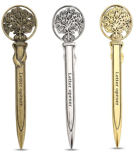 3Pcs Letter Opener, Gold Silver and Antique Gold Envelope Openers, Professional Desk Accessory for Office Use and Home Mail Handling, Elegant Vintage Design Metal Letter Openers for Correspondence