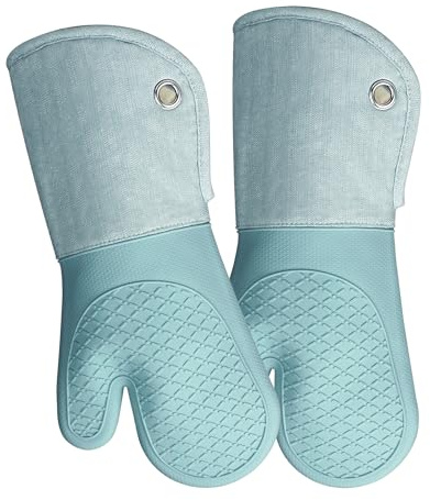 Professional Microwave Silicone Oven Mitts one Pair, Kitchen Mitten Set for Heat Resistant with 500 Degrees, Kitchen Gloves Pot Holder for BBQ Cooking Baking (Light Blue)