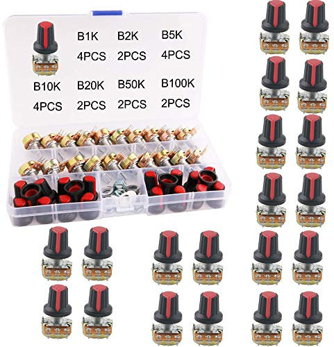 RUNCCI-YUN Linear-Potentiometer,7 Werte, 3 Anschlüsse, Dreh-Potentiometer mit Muttern und Unterlegscheibe(20K 2K 50K 100K 1K 10K 5K)