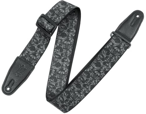 Levy's Leathers Axelband till gitarr, 5 cm brett, i polyester, med ändar i äkta läder, svart och grått döskallemotiv (MPD2-111)