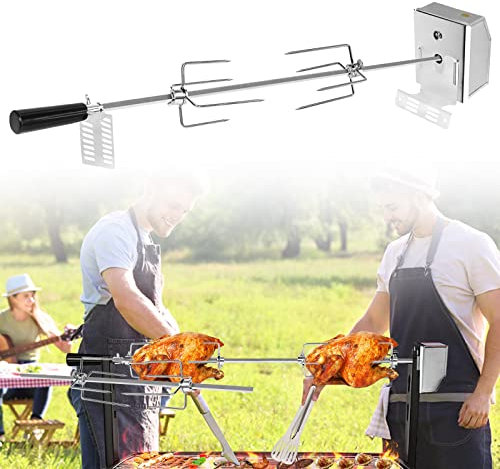 HENGMEI Juego de brochetas para barbacoa de acero inoxidable, 107 cm, pinzas para carne con motor, incluye 2 agujas de carne, 220 V - 240 V, pincho giratorio eléctrico, asador, pincho giratorio