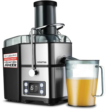Gourmia Centrifugal Juicer - 6 Speed Digital Juice Extractor with Extra-Wide Chute, Pulse Mode, Self-Clean Cycle, 36 oz Pitcher, Pulp Container & Cleaning Brush, Stainless Steel