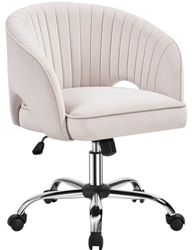 Yaheetech Poltroncina/Sedia da Ufficio Scrivania Ergonomica in Velluto Imbottita a Rotelle Girevole Reclinabile Altezza Regolabile Crema