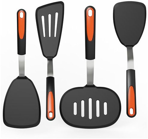 4 Pack Silicone Spatulas for Non Stick Frying Pan, GEEKHOM Kitchen Cooking Utensils Set 600F Heat Resistant Spatula Turner Extra Large Flexible, Spatula Flipper for Pancake, Eggs, Fish, Omelet