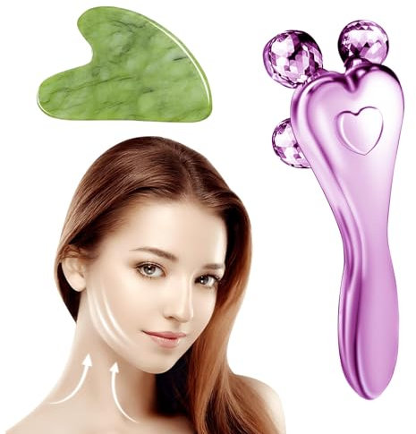 MisFun Rullo Viso Massaggiatore, Roller Viso, Pietra Gua Sha, Rullo per il Viso 3D, Massaggiatore Viso Antirughe, per Lenire la Pelle ed Eliminare il Gonfiore Degli Occhi (Rosa)