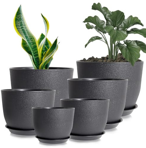 Lighterday 25/23/20/18/16/12CM Plant Pots Indoor 6 Pcs Flower Pot Large Plant Pots Indoor Outdoor Plastic Plant Pot with Drainage Holes and Tray for House Plant Flower (Black)