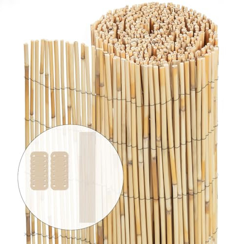 VOUNOT® Pantalla de Valla Caña Natural, Pantalla de Privacidad Rollos de Vallas Decorativas con Herrajes para Montaje, Estera Caña Protección Visual Al Aire Libre para Patio, Balcón, Jardín, 90x600 cm