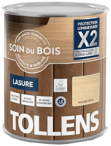 Tollens - Lasure - Ultra Résistante - Adhérence Renforcée - Protège et Décore - Protection Anti-UV - Technologie LONG-LIFE - Satin - Incolore - 1L