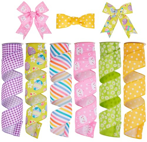 Oairse Set di 6 Rotoli Nastro Pasquale 6,3cm 27,4m Nastro Rigido con Motivo Coniglietto Uovo di Pasqua Nastri in Tessuto per Confezioni Regalo Artigianato Ghirlanda Fiocco Decorazioni Feste Progetti