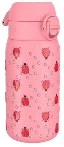 Ion8 Vacuum Insulated Steel Water Bottle, 320 ml/11 oz, Leak Proof, Easy to Open, Secure Lock, Dishwasher Safe, Carry Handle, Metal Water Bottle, ThermoShield Stainless Steel, Pink, Lady Bugs