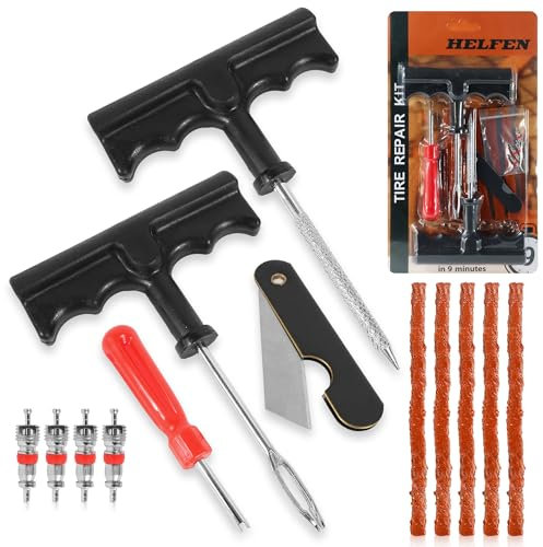 Reifenreparaturset | Inklusive 2 professionellen Werkzeugen, 5 Vulkanisierstreifen und 1 Messer | Reifenreparaturset Auto, 4x4, Motorrad und Quad | Autoreifen Reparaturset | Felgen Reparaturset