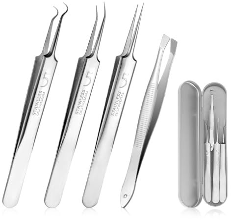 4 Stück Edelstahl Mitesserentferner Feine Pickel Pinzette Akne Entferner Set Metallgehäuse Mitesserpinzette Präzisions Komedonenquetscher Mitesser Pinzette Unisex Splitterpinzette für Nase Gesicht