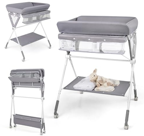 COSTWAY Fasciatoio Pieghevole per Bambini, Fasciatoio Portatile con Altezza Regolabile a 3 Livelli, Fasciatoio Neonato con Ruote di Bloccabili, Ripiano, Porta Asciugamani, per 0-12 Mesi (Grigio)