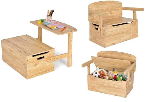 Kids Table and Chair Set, 3-in-1 Convertible Wooden Toy Storage Bench with Handle, Toddler Furniture for Daycare Playroom, Gift for Boys Girls 3+ (Wooden)