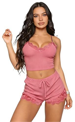 Satohom Sexy Mujer Conjunto De Pijama De Encaje,Camiseta De Tirantes con Cuello En v,Lencería para Dormir,Camisetas Sin Mangas y Pantalones Cortos,Top Corto y Pantalones Elásticos De Cintura Alta