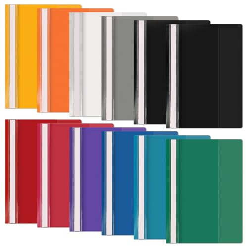 Binditek 12 Pack A4 Project Folders, Plastic Presentation File Folders with Transparent Cover and 2 Prongs, 11 Multicolour Display Folders for School Office Reports