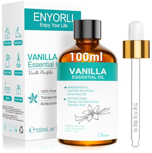ENYORLI Huile Essentielle de Vanille Naturelle 100ml, Concentrée,Pour Diffuseur, Massage Relaxant, Bougies Maison, Parfum d’Ambiance, Méditation et Moments Cosy
