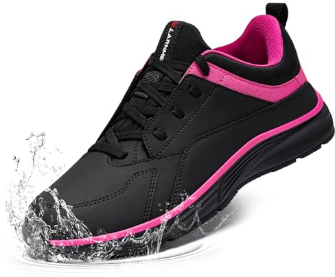 LARNMERN Zapatos Cocina Impermeable Mujer Zapatillas Antideslizantes Hombre de Cocina Hostelería Calzado Camarero Sanitario Sin Puntera Slip-On,Rosa Negra 37 EU