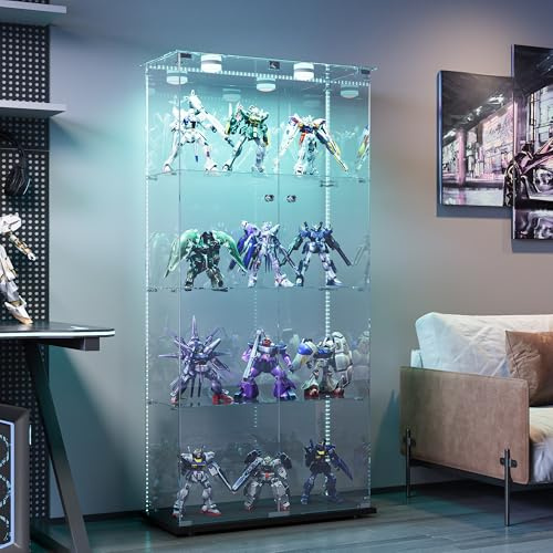 YNYHTER Vitrina de cristal con iluminación LED y puertas de cristal, vitrina coleccionable, para salón, dormitorio, oficina (negro, 2 puertas, 4 niveles, LED)