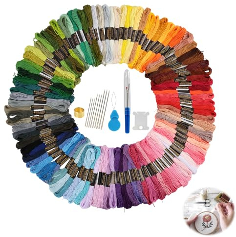 Kit Completo de Hilos de Bordar Arcoíris, 100 Madejas de Colores con Accesorios Completos para Punto de Cruz, Bordado y Manualidades, Incluye Agujas, Enhebradores, Tijeras y Desgarrador de Costuras