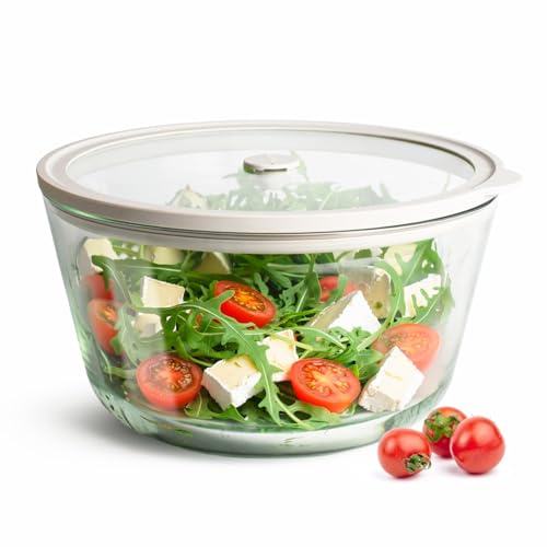 Sendez Cuenco de cristal con tapa, 2,5 l, diámetro de 22 cm, cuenco para ensalada de vidrio de borosilicato con asa y anillo de silicona, hermético, con válvula de clic, para microondas y frigorífico