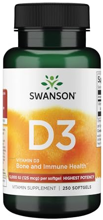 Swanson Vitamin D3 5,000 IU Bone, Immune, and Heart Health Supplement for Sun-Deprived Adults Seeking Bone, Immune, and Heart Support - 125 mcg Cholecalciferol (250 Softgels)