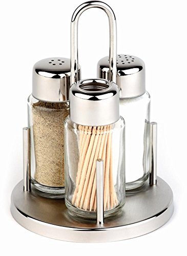 APS 40320 Menage CLASSIC, Ø 10,5 cm, Höhe 16 cm, Set besteht aus: Salz- und Pfefferstreuer, Zahnstocherspender, Ständer aus Edelstahl