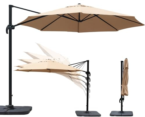 paramondo parapenda Sonnenschirm Ampelschirm aus 230 g/㎡ Polyesterfaser, Rund, Ø 3,5 m, 360° Schwenkbar, Kurbelbedienung, Creme, Stahl-Standkreuz und Gestell in Anthrazit, 20.6kg