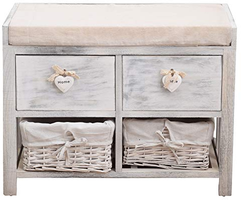 Rebecca Mobili Panchina contenitore di legno, seduta imbottita 2 cassetti e 2 ceste vimini, bianco, stile vintage, arredo camera bagno - Misure: 46 x 60 x30 cm (HxLxP) - Art. RE4553