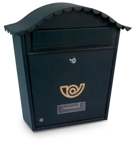 Amig - Buzón de Exterior para Cartas Estilo Clásico - Color Negro - Tamaño DIN A4 - Casillero Postal para Paredes, Muros o Verjas - Medidas: 37 x 32 x 10,5 cm - Acero