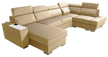 Robin Cezar Ecksofa Schlaffunktion Bettkasten Verstellbare Kopfstützen Sofa L-Form Schlafsofa Freistehende Eckcouch Schlafcouch Wohnzimmermöbel inkl. Laptoptisch Steckdose Rechts Beige
