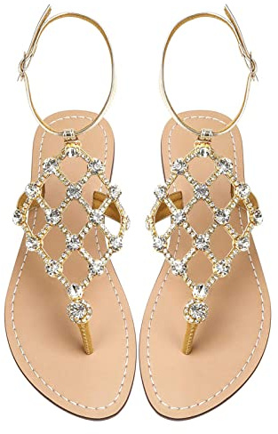UTIKLIOU Thong Flat Sandals T-Strap Sandals Ankle Strap Strappy Sandals Summers Sandals (Gold 12)
