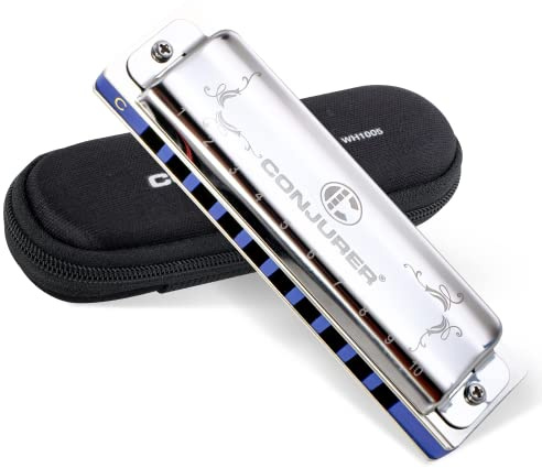 CONJURER Armonica Blues in C, Armonica Blues a 10 fori e 20 toni per adulti con custodia, Arpa a bocca per principianti, bambini, professionisti, studenti, amici, regali. (1005 Argento)