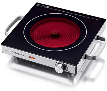 Heinrichs - Placa de Cocción Quemador por Infrarrojos de Vitrocerámica con Calor por Infrarrojos, Apta para Todas las Ollas y Sartenes, 2000 W, Camping, Oficina, Cocina, Exterior o Individual