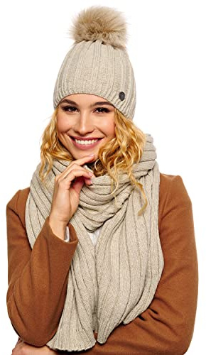 ELIMELI® Kaschmir Mütze Schal Damen Winter Kombi Set - warme Strickmütze mit Kunstfell Bommel - 3-teilig, Winterset Wintermütze passender Wollmütze Beanie Slouch Strick - Beige