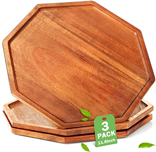 Sabary 3 Pieces Acacia Wood Serving Tray Wooden Octagon Bread Fruit Platter Large Decorative Plates Charcuterie Cheese Platter Board Vegetable Food Dish for Salad Pizza Cupcakes(12)