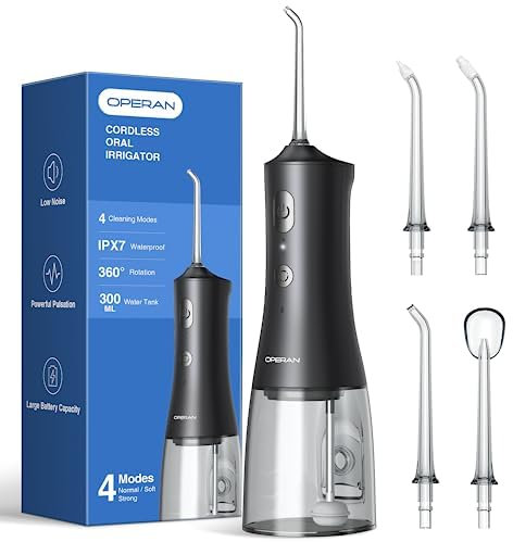 Operan Munddusche Kabellos, Tragbar Elektrische Zahndusche 4 Modi & 4 Düsen, 300ML Oral Irrigator Munddusche Testsieger für Entfernt Speisereste und Reinigt Die Zähne (Black, 1Pack)