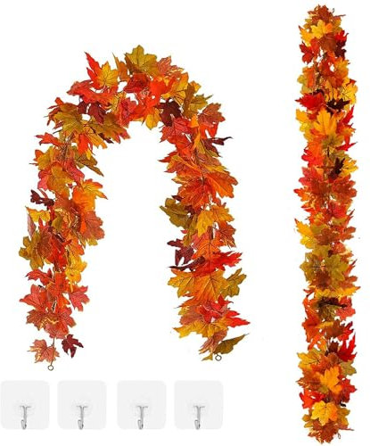 Confezione da 2 ghirlande autunnali con foglie d'acero, 1,5 m, ghirlanda di foglie d'acero artificiali, da appendere, per interni ed esterni, caminetto, decorazione per Halloween e Ringraziamento