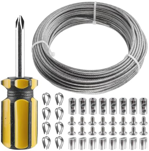Kit de cuerda de alambre de 20 m, 3 mm, acero inoxidable 304, tensor de cuerda de acero inoxidable recubierto de PVC, cable de acero con ojales, abrazadera de cable M3, guardacabos, alambre tensor