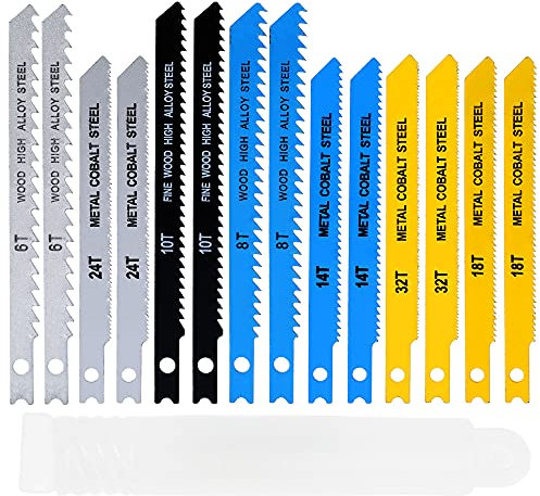 Lot de 14 lames de scie sauteuse avec mallette de rangement - 7 types de lames de scie sauteuse - Tige en U - Acier au carbone - Lames de scie sauteuse solides - Accessoires pour bois, plastique,