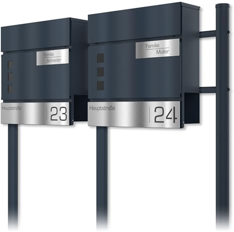 Graviers Design Cassetta postale doppia con supporto in antracite RAL 7016 - Cassetta postale da finestra personalizzata in acciaio inox Nome, via, numero civico - Cassetta postale con serratura