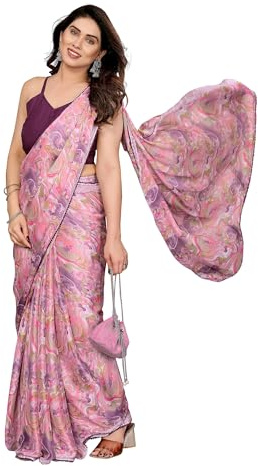 RAJESHWAR FASHION WITH RF Readymade Pleated Pre Drape Stitched Floral Printed Satin Chiffon Saree For Women's With Lace Border & Blouse(Ready To Wear One Minute), Pink, One size